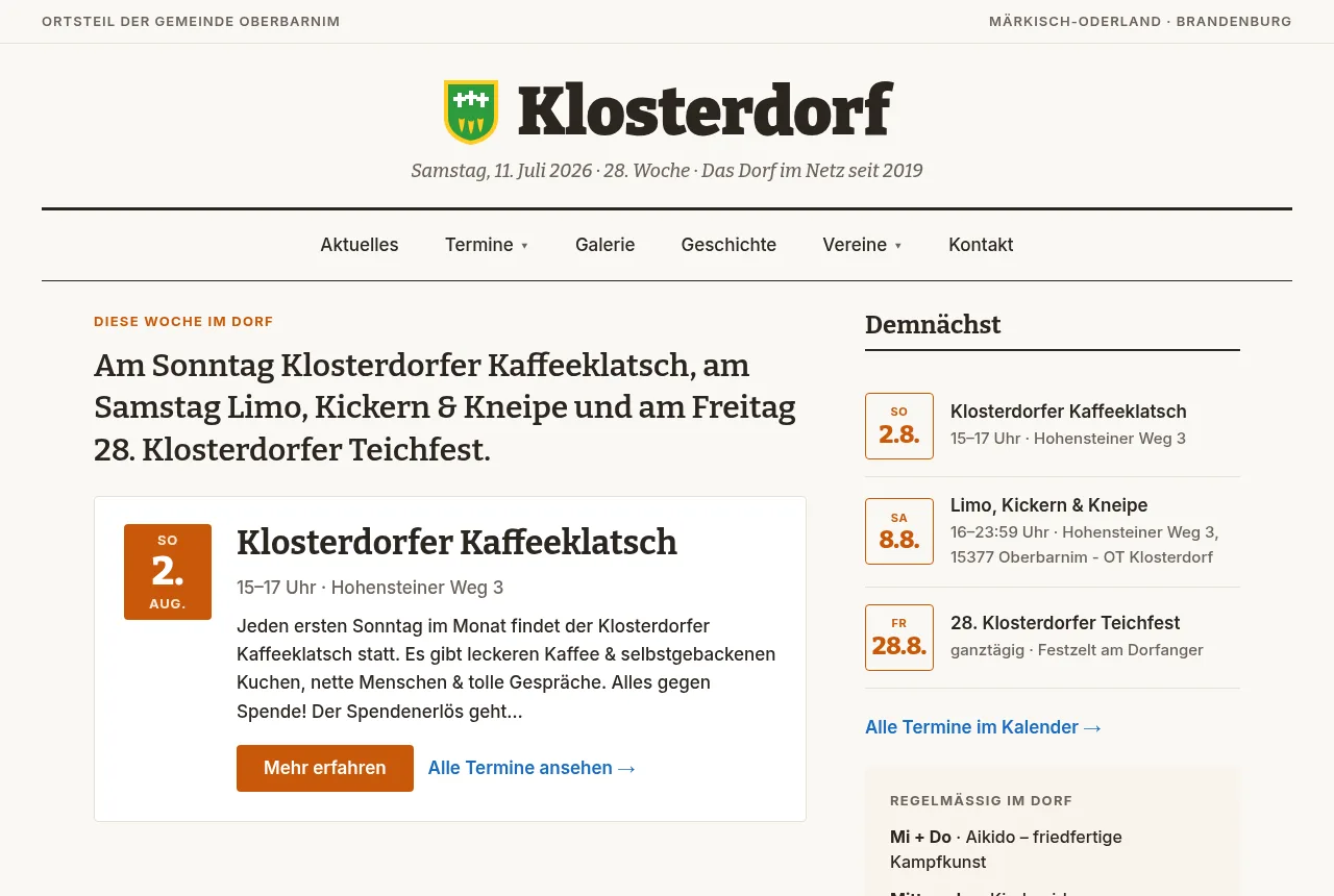 Die Homepage von Klosterdorf.de, dem Dorf in Oberbarnim.