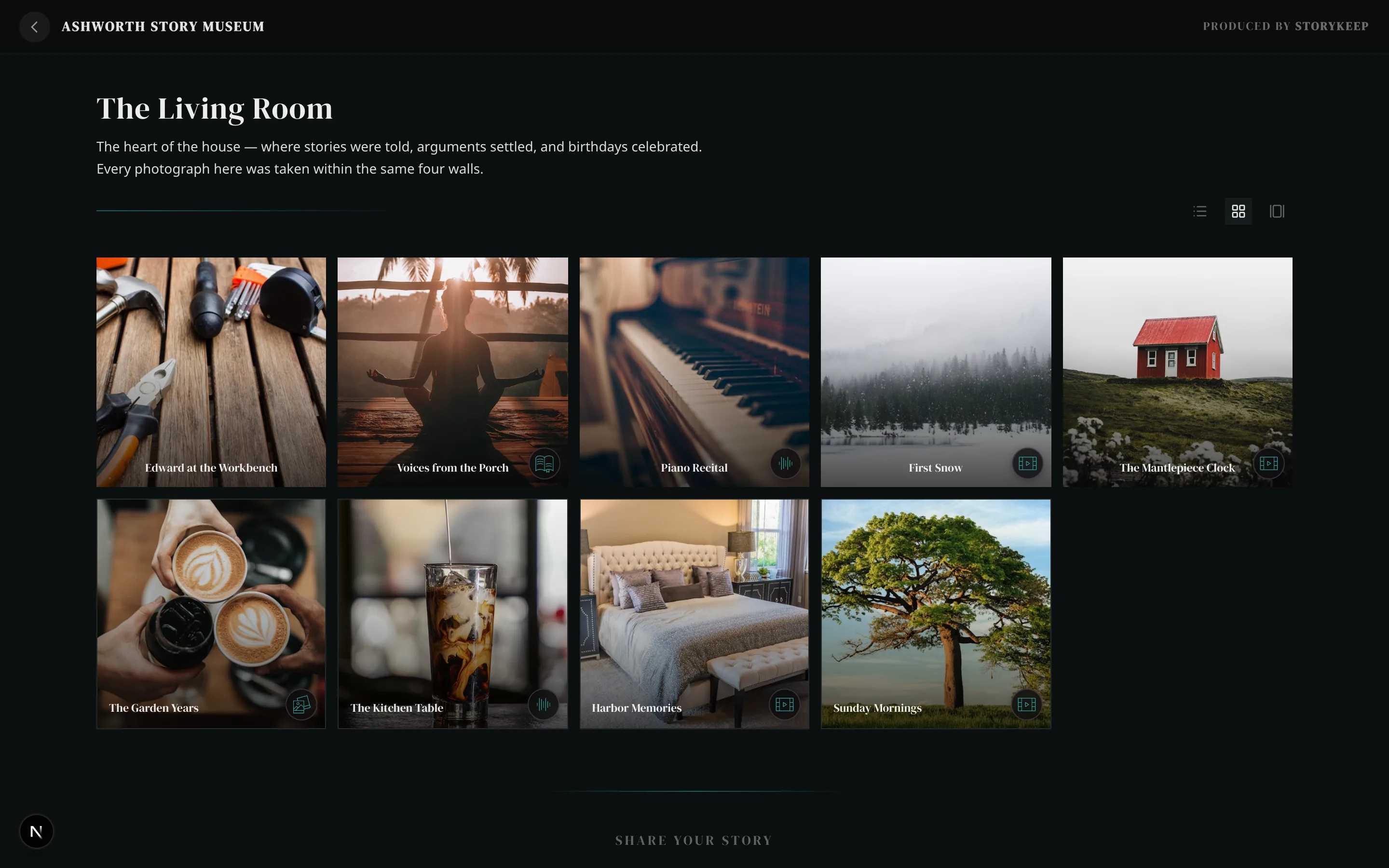 The Living Room, the Ashworth photo exhibit in grid view: nine photographs, each holding a story.