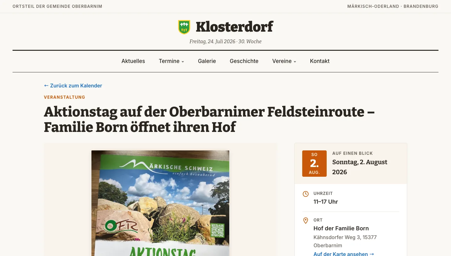 Aus einem abfotografierten Plakat wird eine saubere Veranstaltungsseite mit Datum, Ort, Karte und Kalender-Download.