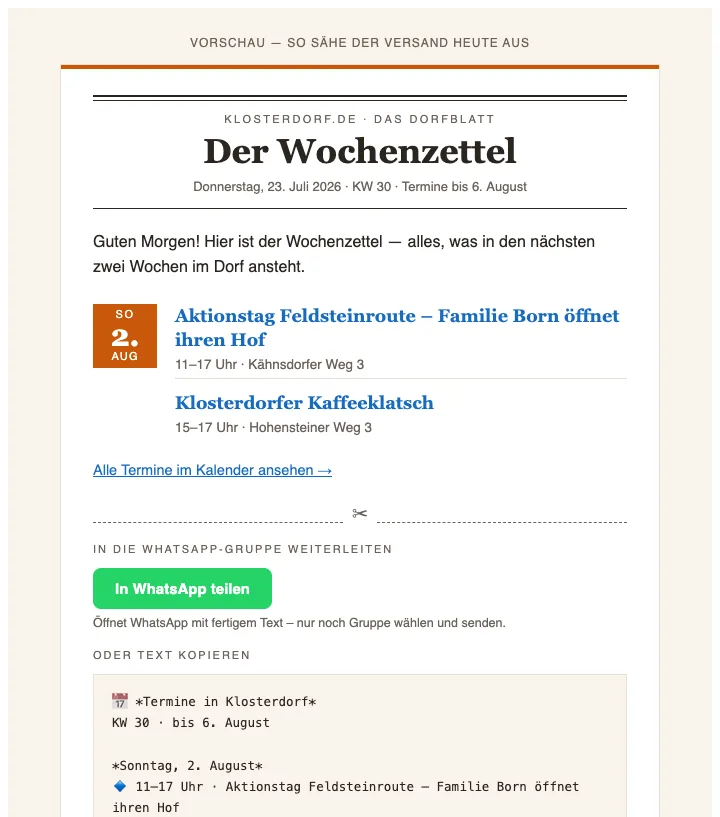 Der wöchentliche „Wochenzettel“ als fertiger Textblock, den Nachbarn in ihre WhatsApp-Gruppen weiterreichen.
